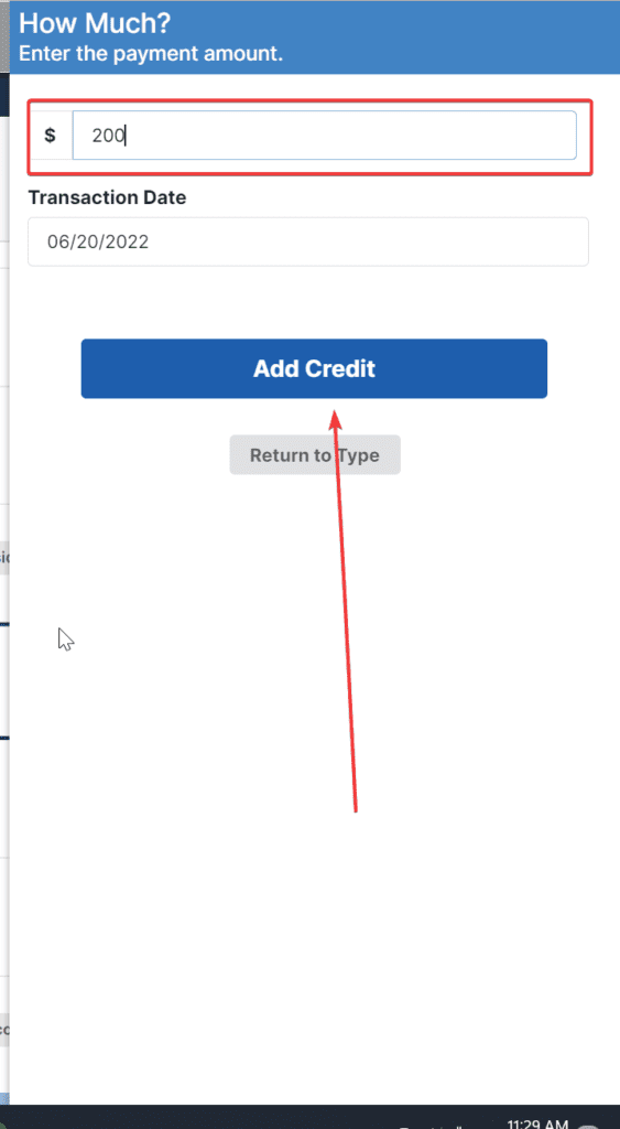This image is step 5 to how to add a credit in Docket.