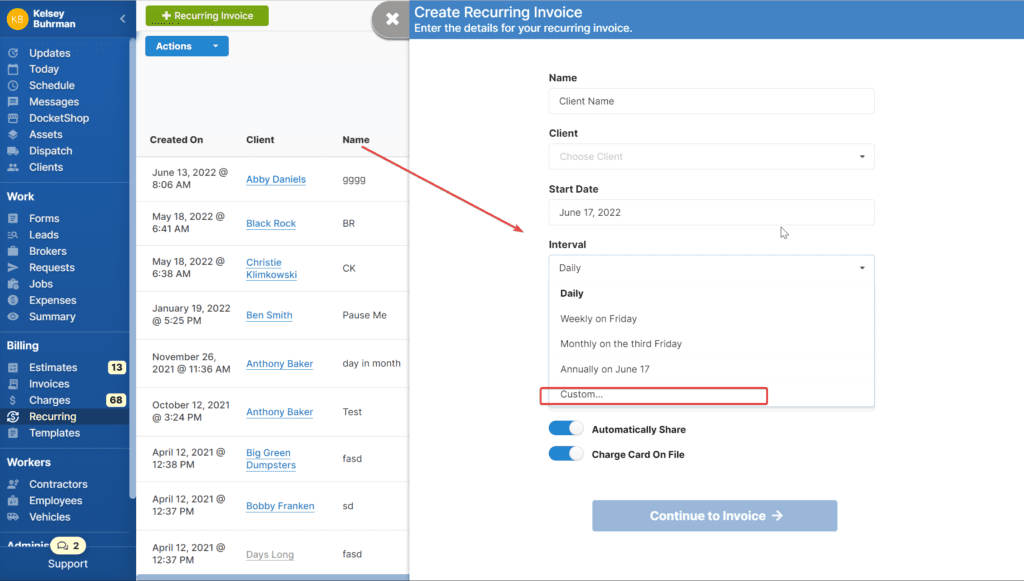 Step 4 on the document demonstrating how to create recurring invoices in Docket. 
