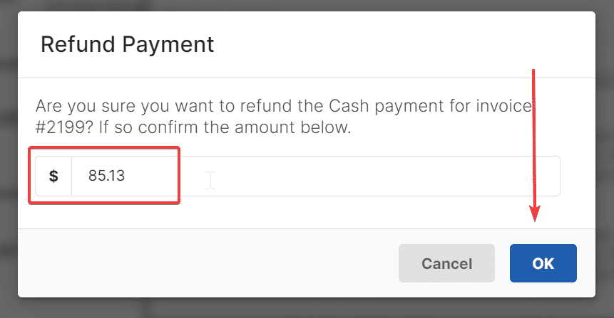 Two ways refund a payment in Docket. This image is showing step 4 in the second way to process a refund