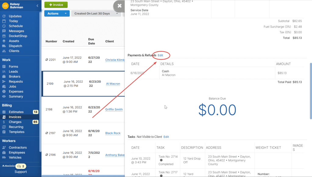Two ways refund a payment in Docket. This image is showing step 3