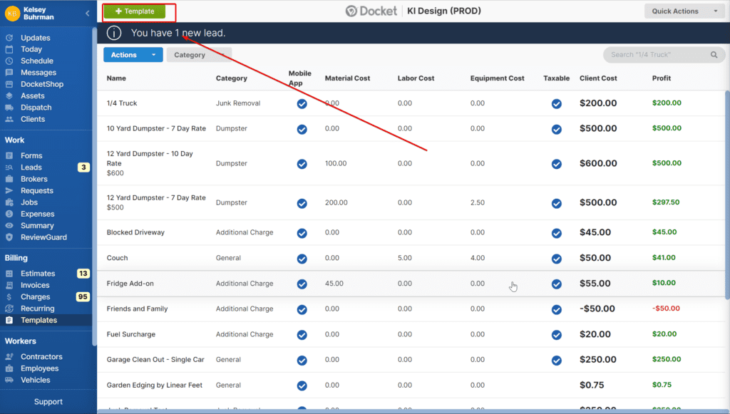 Step 2 to setting up pricing templates in Docket