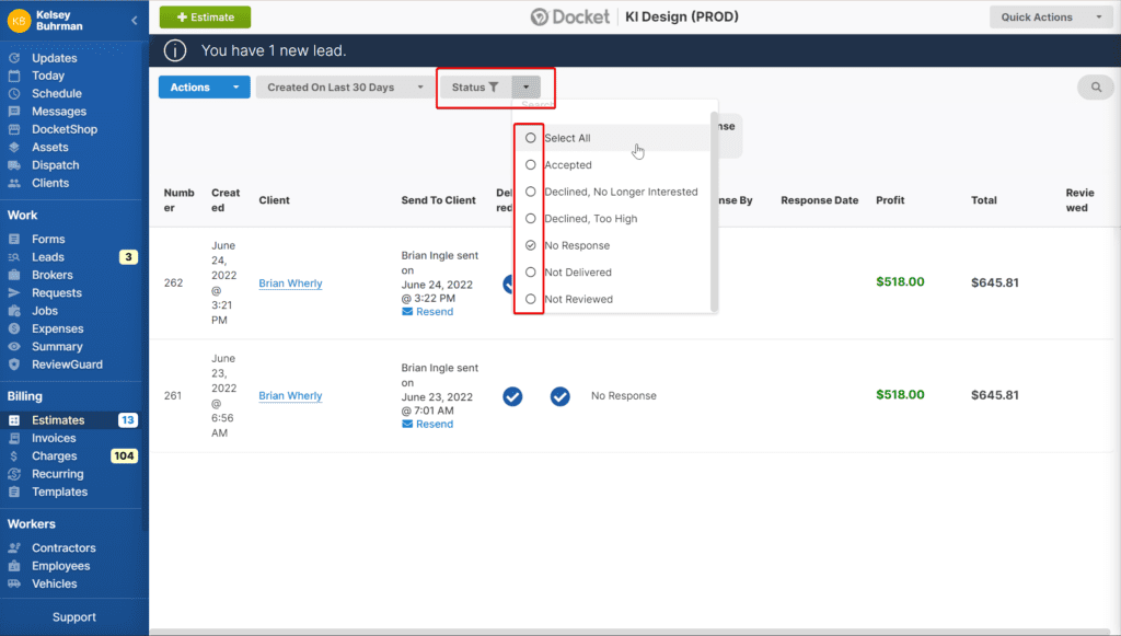Step 2 to managing your estimates in Docket